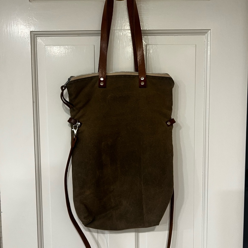 Brown waxed canvas with leather shoulder and crossbody bag
